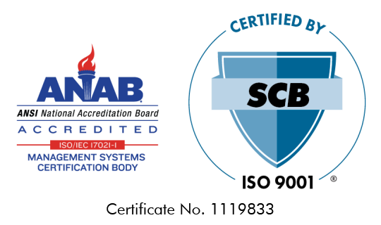 ISO 9001 certified by SCB, accredited by ANAB, certificate number 1119833